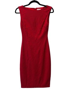 CACHE Sleeveless RedTextured Body Con Midi Sheath Dress—SZ 0
